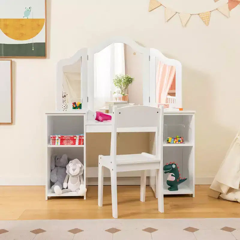 Costway Toeletta per bambini 2 in 1 Set scrivania e sedia trucco principessa con specchio triplo sicuro