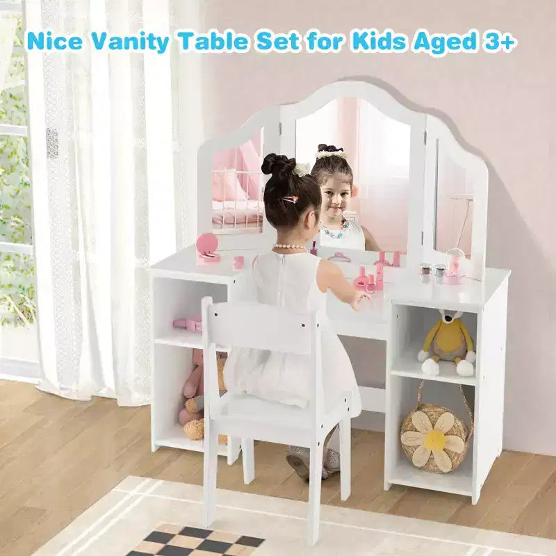 Costway Toeletta per bambini 2 in 1 Set scrivania e sedia trucco principessa con specchio triplo sicuro