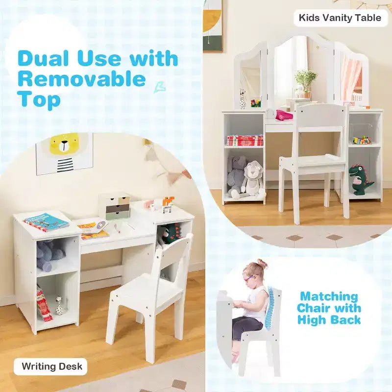 Costway Toeletta per bambini 2 in 1 Set scrivania e sedia trucco principessa con specchio triplo sicuro