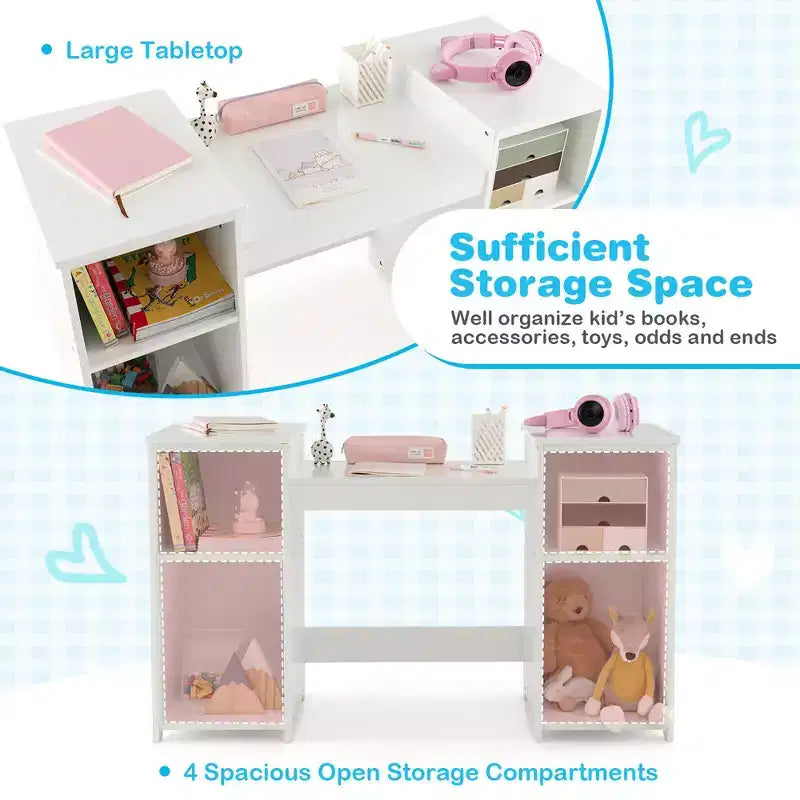 Costway Toeletta per bambini 2 in 1 Set scrivania e sedia trucco principessa con specchio triplo sicuro