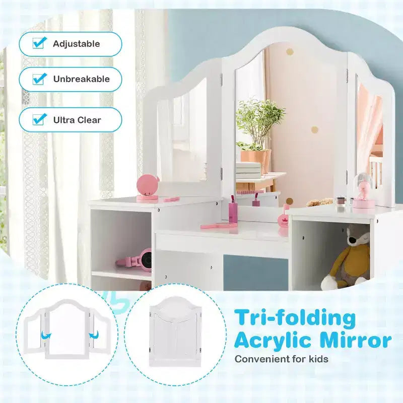 Costway Toeletta per bambini 2 in 1 Set scrivania e sedia trucco principessa con specchio triplo sicuro