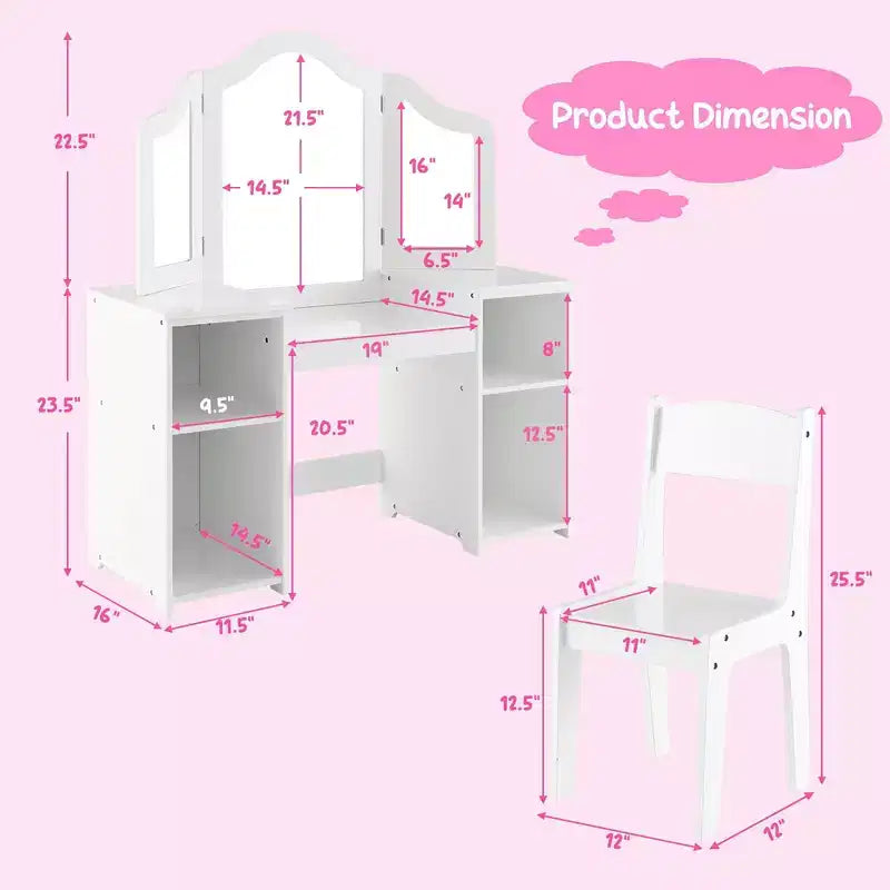 Costway Toeletta per bambini 2 in 1 Set scrivania e sedia trucco principessa con specchio triplo sicuro