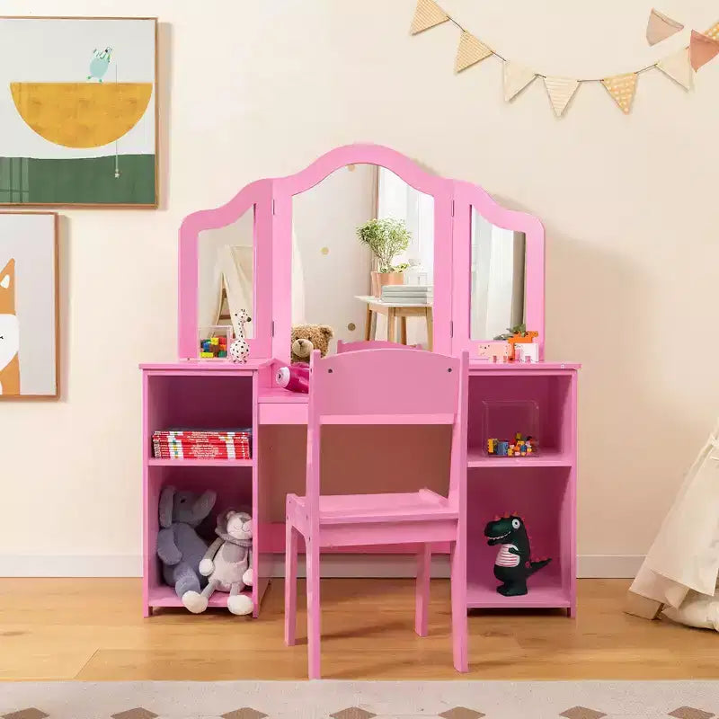 Costway Toeletta per bambini 2 in 1 Set scrivania e sedia trucco principessa con specchio triplo sicuro