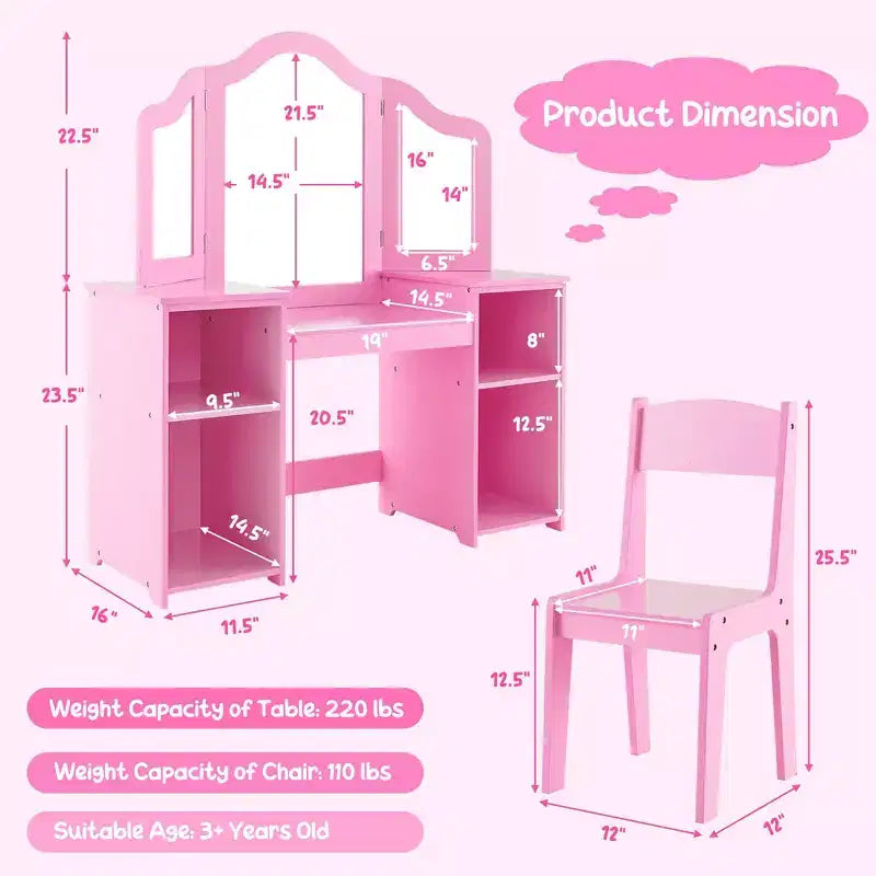 Costway Toeletta per bambini 2 in 1 Set scrivania e sedia trucco principessa con specchio triplo sicuro