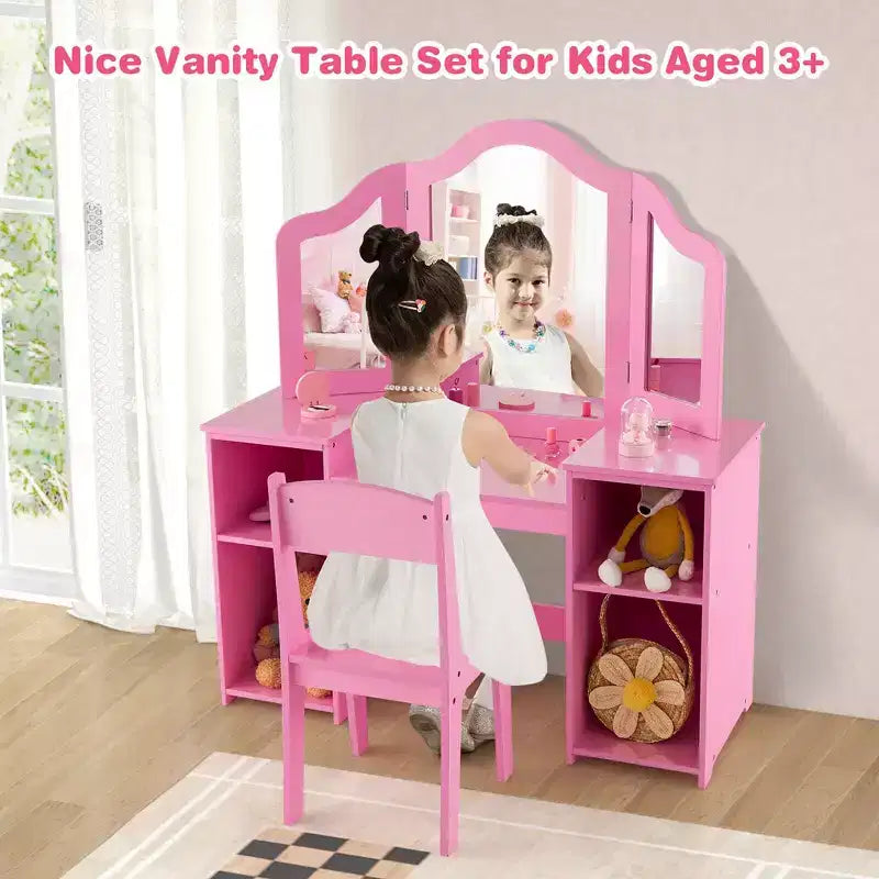 Costway Toeletta per bambini 2 in 1 Set scrivania e sedia trucco principessa con specchio triplo sicuro