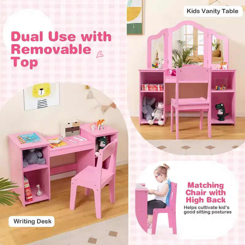 Costway Toeletta per bambini 2 in 1 Set scrivania e sedia trucco principessa con specchio triplo sicuro