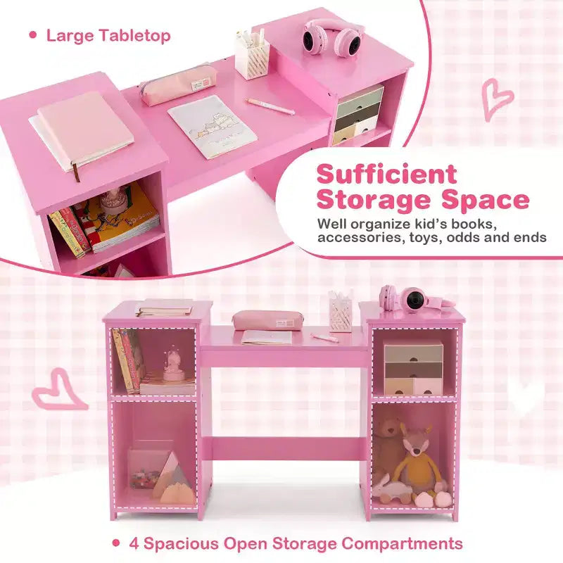 Costway Toeletta per bambini 2 in 1 Set scrivania e sedia trucco principessa con specchio triplo sicuro