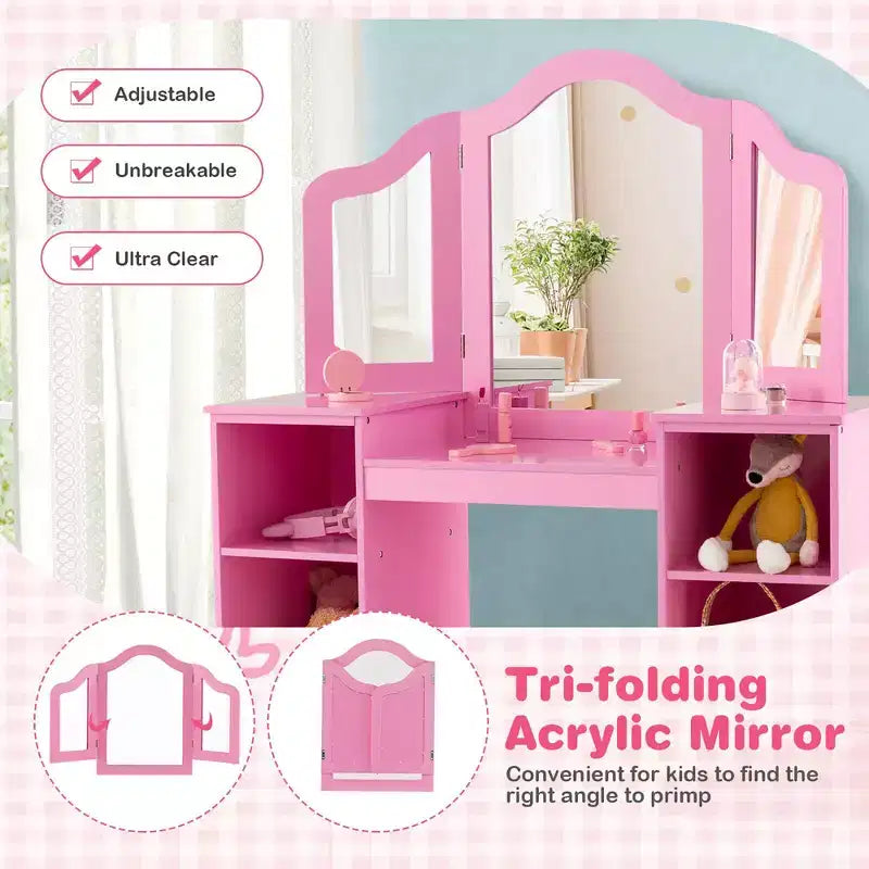 Costway Toeletta per bambini 2 in 1 Set scrivania e sedia trucco principessa con specchio triplo sicuro