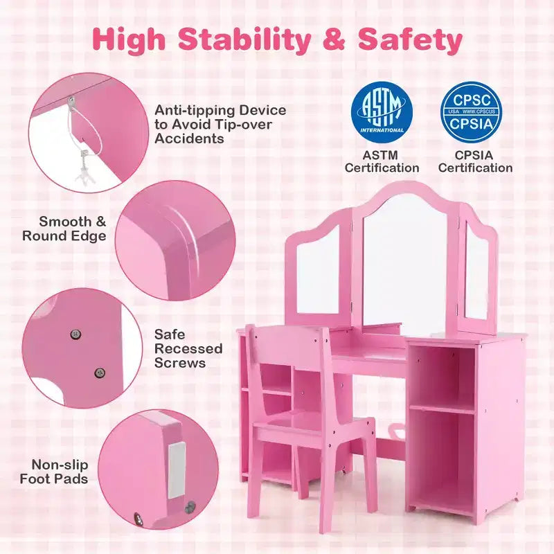 Costway Toeletta per bambini 2 in 1 Set scrivania e sedia trucco principessa con specchio triplo sicuro
