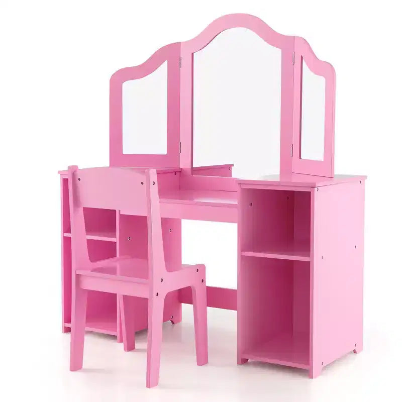 Costway Toeletta per bambini 2 in 1 Set scrivania e sedia trucco principessa con specchio triplo sicuro