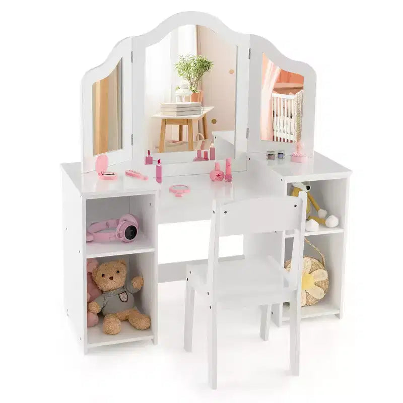Costway Toeletta per bambini 2 in 1 Set scrivania e sedia trucco principessa con specchio triplo sicuro