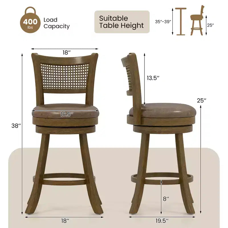Sgabelli da bar set di 4 sgabelli girevoli da 63 cm con schienale in rattan PE altezza bancone Costway
