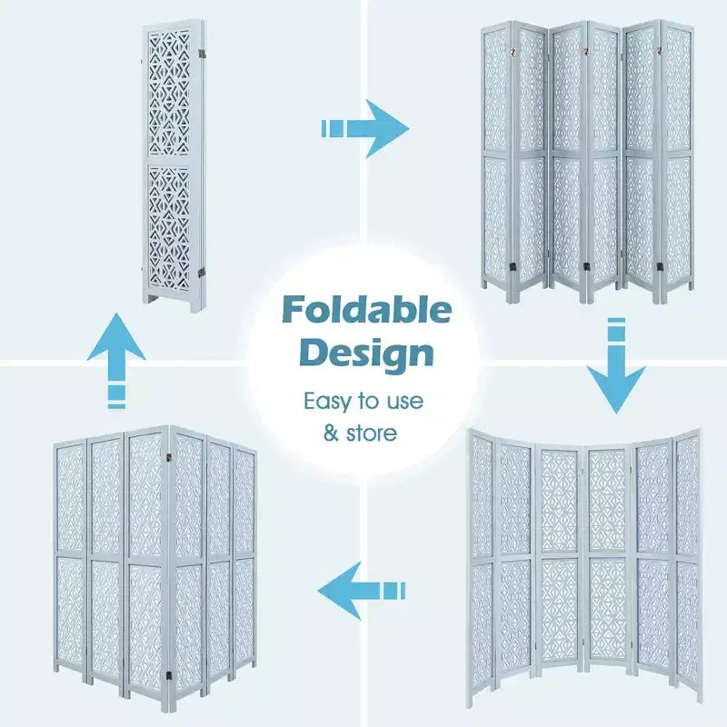 Costway 6-Panel Wooden Room Divider w/ Carved Cutout Pattern & Solid Wood Frame