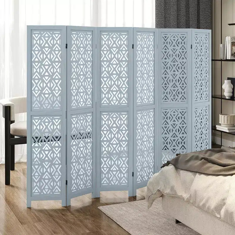 Costway 6-Panel Wooden Room Divider w/ Carved Cutout Pattern & Solid Wood Frame