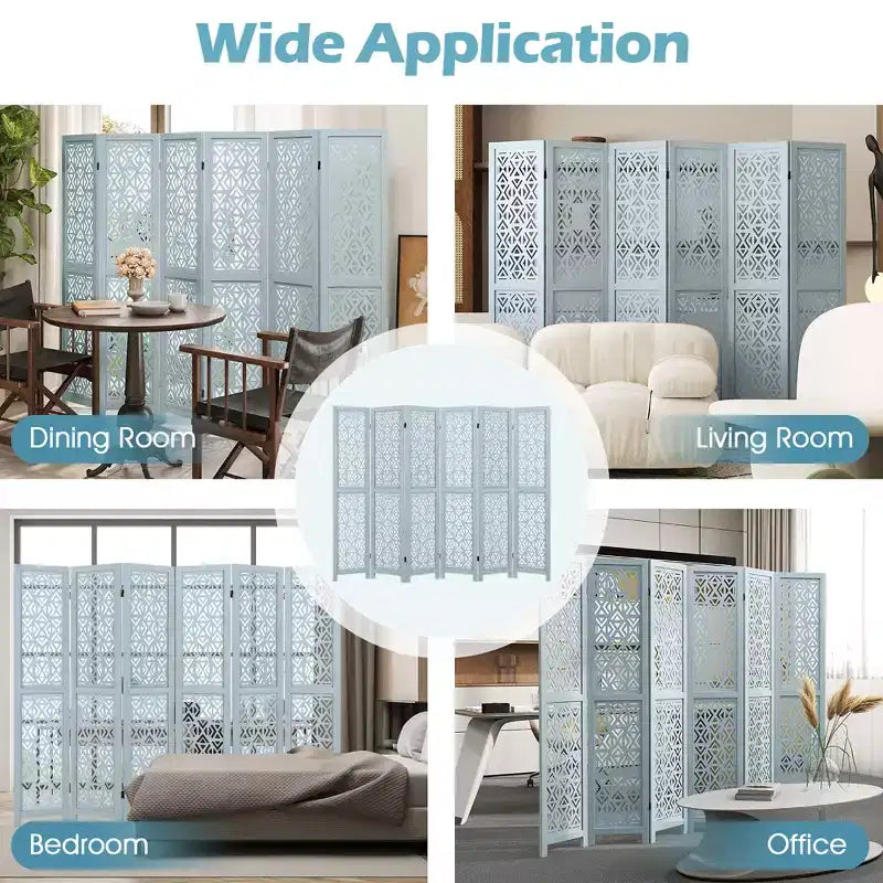 Costway 6-Panel Wooden Room Divider w/ Carved Cutout Pattern & Solid Wood Frame