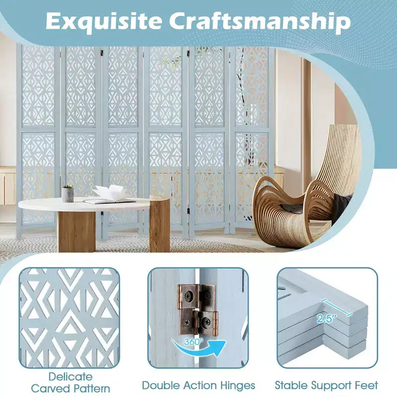Costway 6-Panel Wooden Room Divider w/ Carved Cutout Pattern & Solid Wood Frame