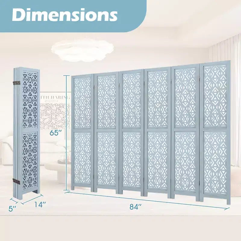 Costway 6-Panel Wooden Room Divider w/ Carved Cutout Pattern & Solid Wood Frame