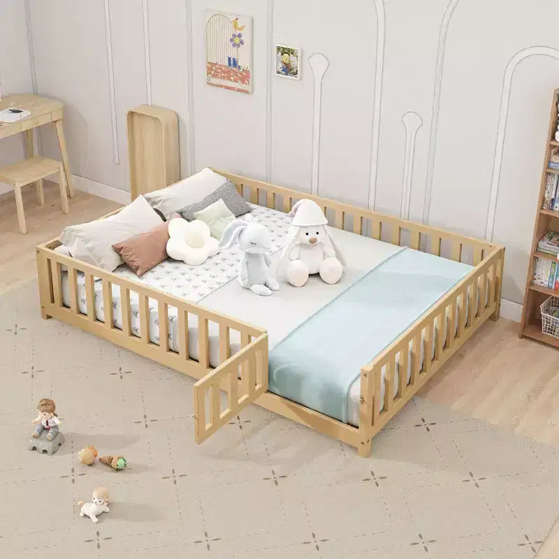 TUYOHW Full Size Toddler Floor Bed for Kids with Support Slats and Door,Modern Montessori Bed with Guardrails for Bedroom