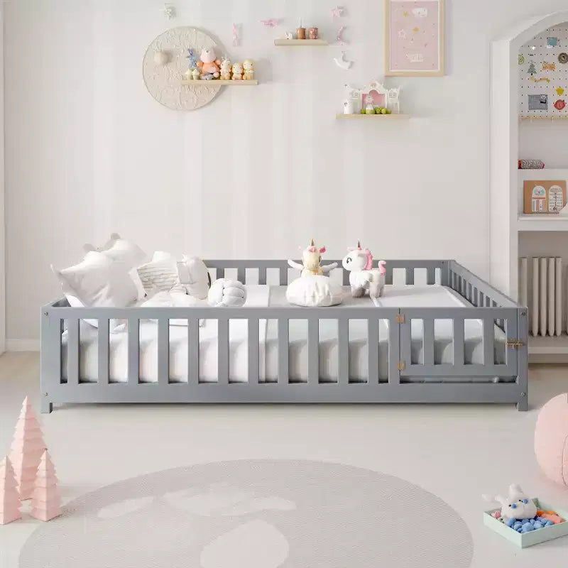 TUYOHW Full Size Toddler Floor Bed for Kids with Support Slats and Door,Modern Montessori Bed with Guardrails for Bedroom