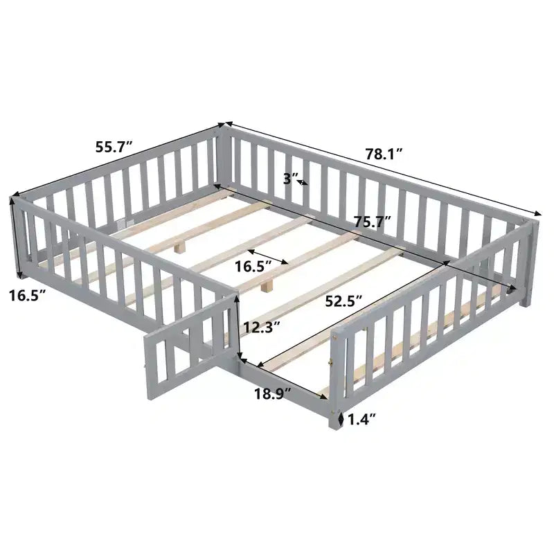 TUYOHW Full Size Toddler Floor Bed for Kids with Support Slats and Door,Modern Montessori Bed with Guardrails for Bedroom