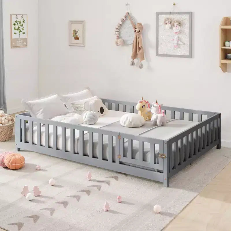 TUYOHW Full Size Toddler Floor Bed for Kids with Support Slats and Door,Modern Montessori Bed with Guardrails for Bedroom
