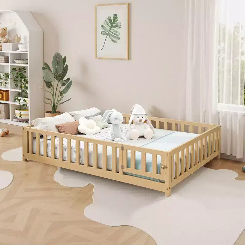 TUYOHW Full Size Toddler Floor Bed for Kids with Support Slats and Door,Modern Montessori Bed with Guardrails for Bedroom