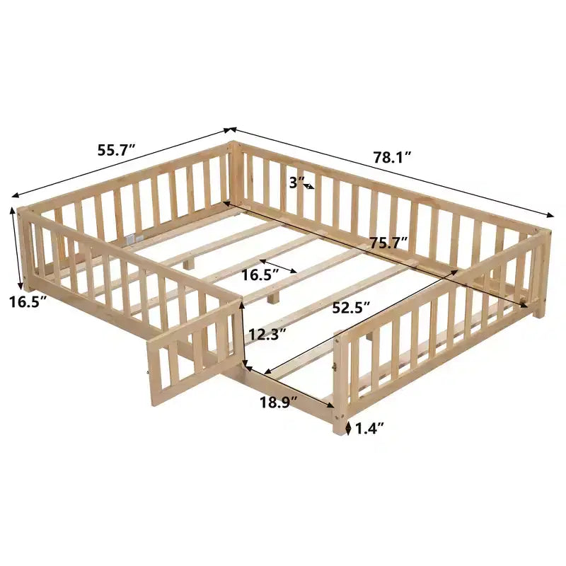 TUYOHW Full Size Toddler Floor Bed for Kids with Support Slats and Door,Modern Montessori Bed with Guardrails for Bedroom
