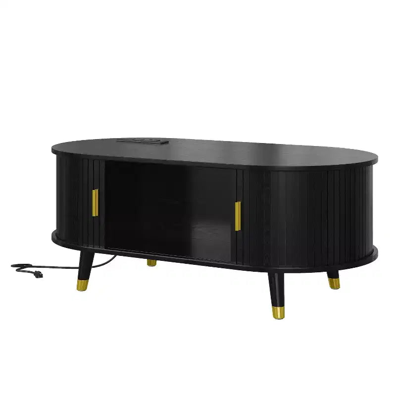 Set mobile TV da fattoria con tavolino da caffè per TV da 80 pollici, mobile TV scanalato con ante scorrevoli, centro di intrattenimento ovale con gambe in legno