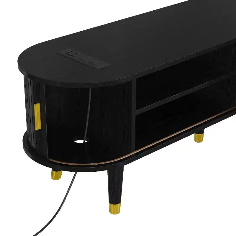 Set mobile TV da fattoria con tavolino da caffè per TV da 80 pollici, mobile TV scanalato con ante scorrevoli, centro di intrattenimento ovale con gambe in legno