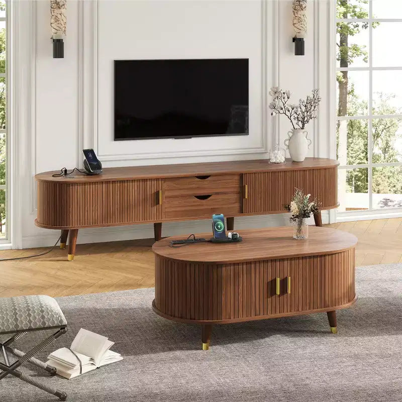 Set mobile TV da fattoria con tavolino da caffè per TV da 80 pollici, mobile TV scanalato con ante scorrevoli, centro di intrattenimento ovale con gambe in legno