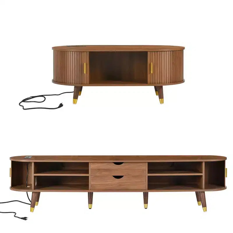 Set mobile TV da fattoria con tavolino da caffè per TV da 80 pollici, mobile TV scanalato con ante scorrevoli, centro di intrattenimento ovale con gambe in legno