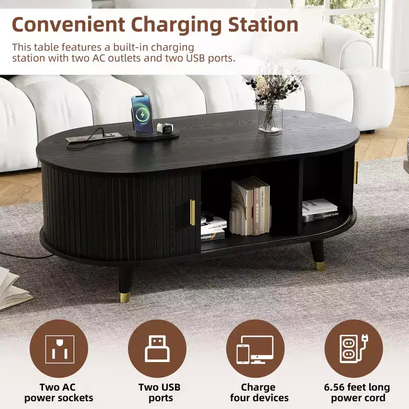 Set mobile TV da fattoria con tavolino da caffè per TV da 80 pollici, mobile TV scanalato con ante scorrevoli, centro di intrattenimento ovale con gambe in legno