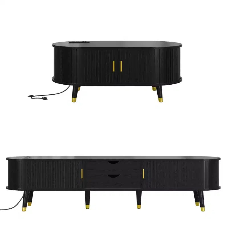 Set mobile TV da fattoria con tavolino da caffè per TV da 80 pollici, mobile TV scanalato con ante scorrevoli, centro di intrattenimento ovale con gambe in legno