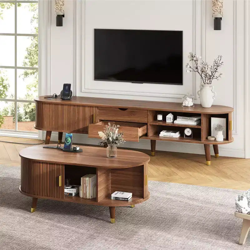Set mobile TV da fattoria con tavolino da caffè per TV da 80 pollici, mobile TV scanalato con ante scorrevoli, centro di intrattenimento ovale con gambe in legno