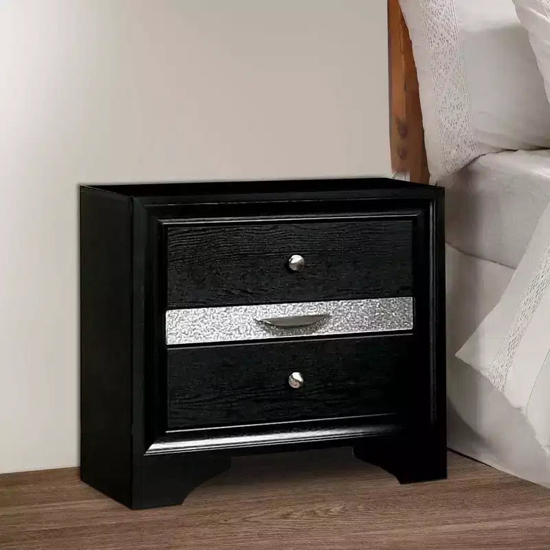 Comodino Royal Hampton nero con profili argento e 1 cassetto portagioie