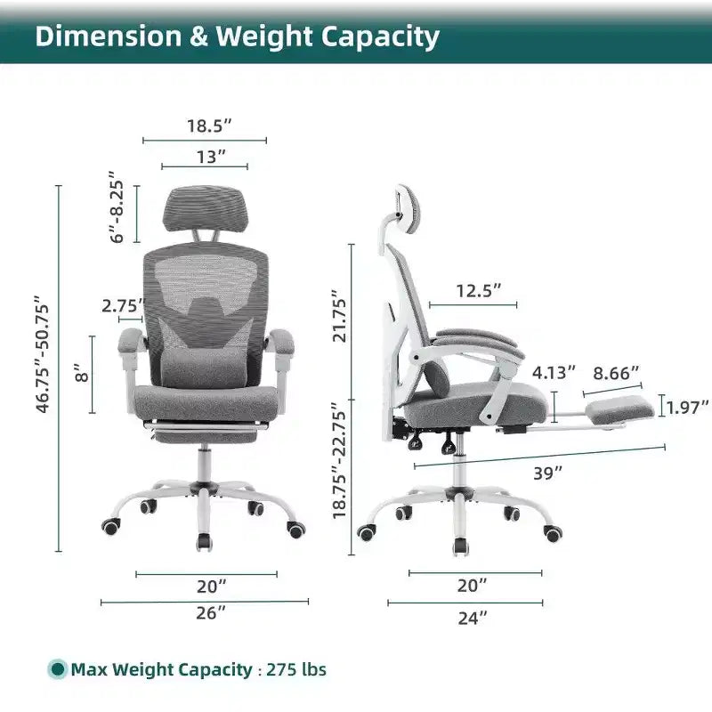 TUYOHW Sedia da Ufficio Ergonomica con Poggiapiedi, Sedia da Scrivania Alta con Schienale in Rete, Poggiatesta e Supporto Lombare Regolabili per Ufficio Domestico, Capacità 125 kg