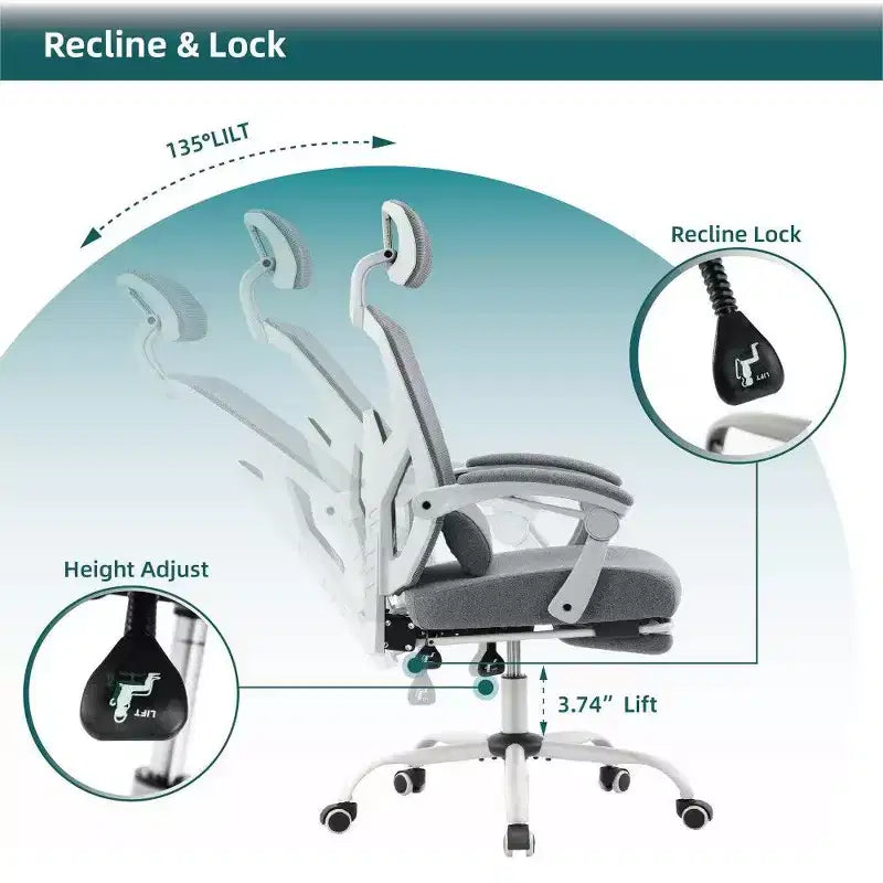 TUYOHW Sedia da Ufficio Ergonomica con Poggiapiedi, Sedia da Scrivania Alta con Schienale in Rete, Poggiatesta e Supporto Lombare Regolabili per Ufficio Domestico, Capacità 125 kg