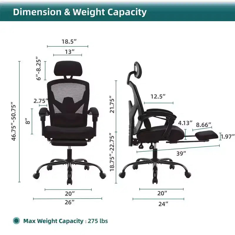 TUYOHW Sedia da Ufficio Ergonomica con Poggiapiedi, Sedia da Scrivania Alta con Schienale in Rete, Poggiatesta e Supporto Lombare Regolabili per Ufficio Domestico, Capacità 125 kg