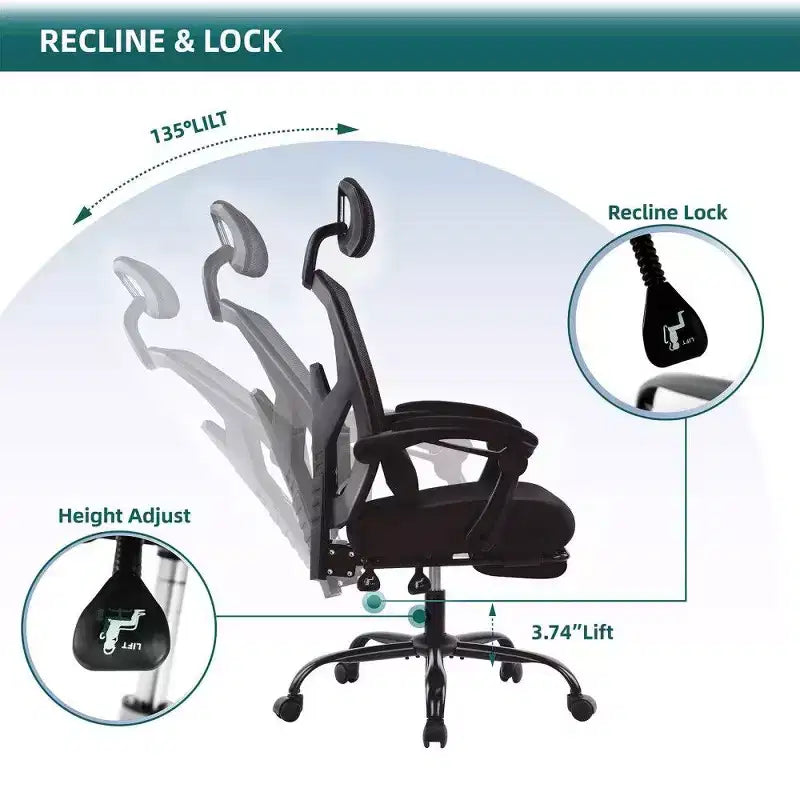 TUYOHW Sedia da Ufficio Ergonomica con Poggiapiedi, Sedia da Scrivania Alta con Schienale in Rete, Poggiatesta e Supporto Lombare Regolabili per Ufficio Domestico, Capacità 125 kg