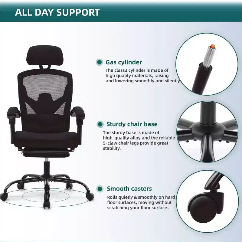 TUYOHW Sedia da Ufficio Ergonomica con Poggiapiedi, Sedia da Scrivania Alta con Schienale in Rete, Poggiatesta e Supporto Lombare Regolabili per Ufficio Domestico, Capacità 125 kg