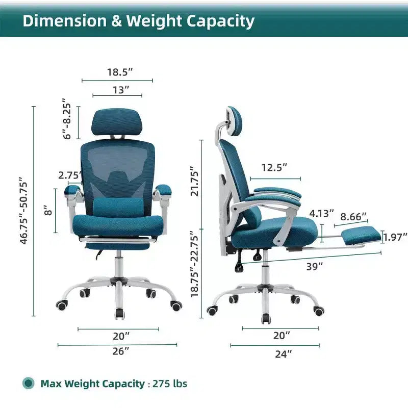 TUYOHW Sedia da Ufficio Ergonomica con Poggiapiedi, Sedia da Scrivania Alta con Schienale in Rete, Poggiatesta e Supporto Lombare Regolabili per Ufficio Domestico, Capacità 125 kg