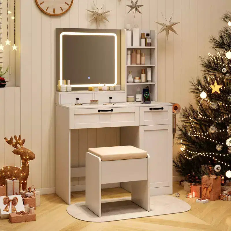 Set Toeletta Costway con Sgabello Imbottito Tavolo da Trucco con Modalità di Illuminazione Regolabile e Luminosità