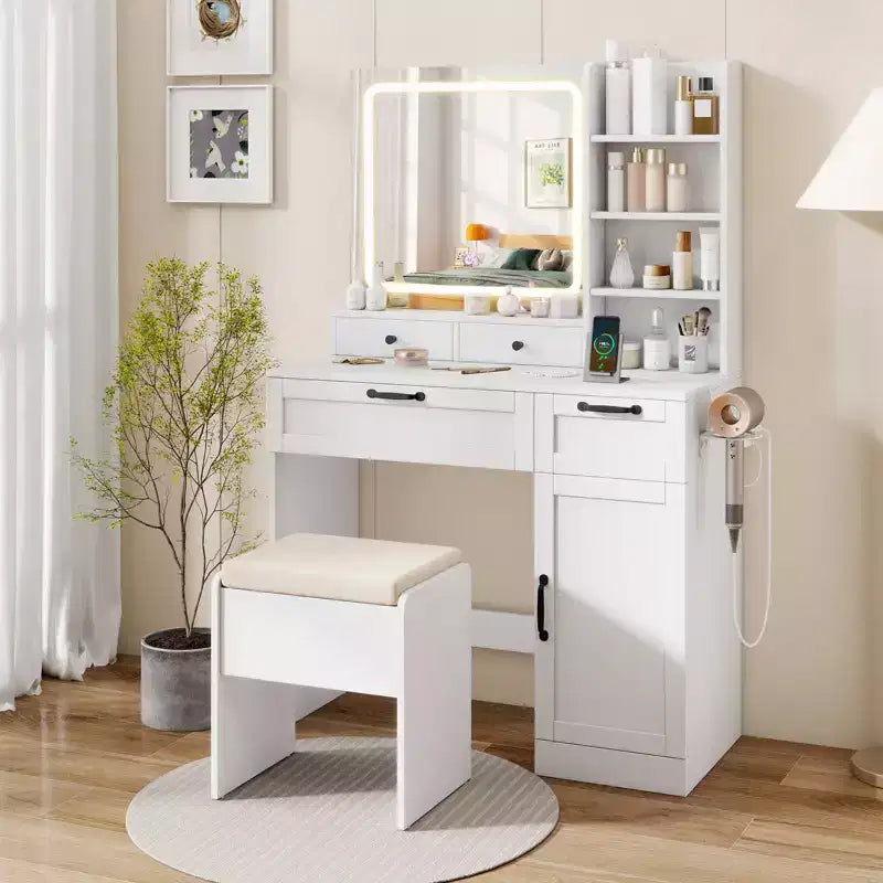 Set Toeletta Costway con Sgabello Imbottito Tavolo da Trucco con Modalità di Illuminazione Regolabile e Luminosità