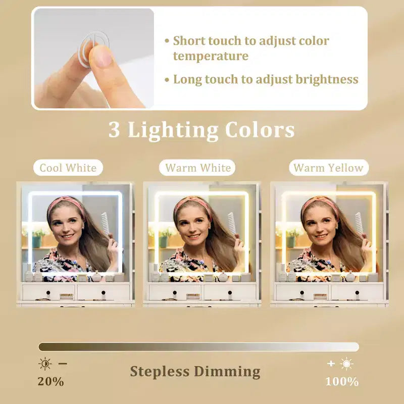 Set Toeletta Costway con Sgabello Imbottito Tavolo da Trucco con Modalità di Illuminazione Regolabile e Luminosità