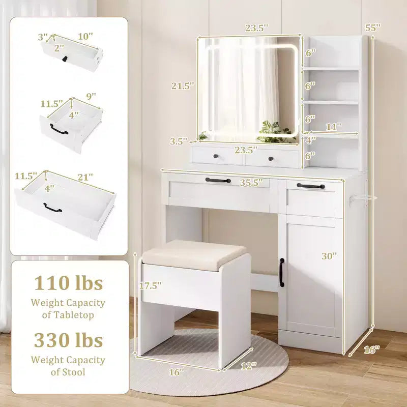 Set Toeletta Costway con Sgabello Imbottito Tavolo da Trucco con Modalità di Illuminazione Regolabile e Luminosità