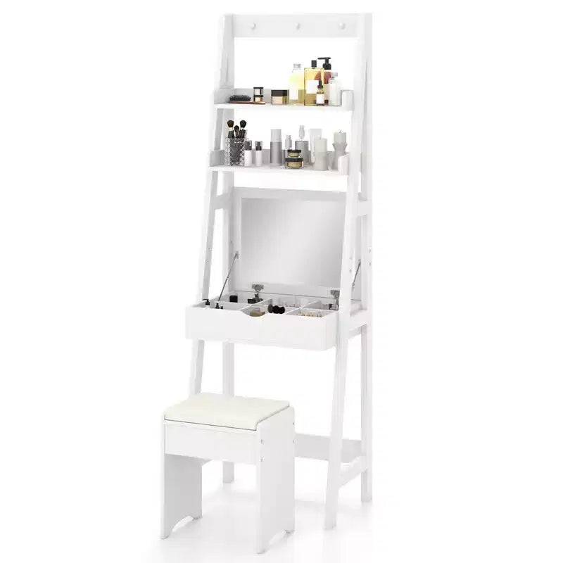 Costway Toeletta con Specchio a Scomparsa e Sgabello con Illuminazione a 3 Colori 6 Scomparti
