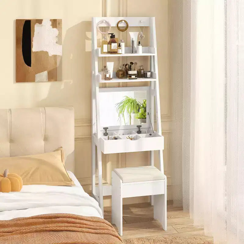 Costway Toeletta con Specchio a Scomparsa e Sgabello con Illuminazione a 3 Colori 6 Scomparti