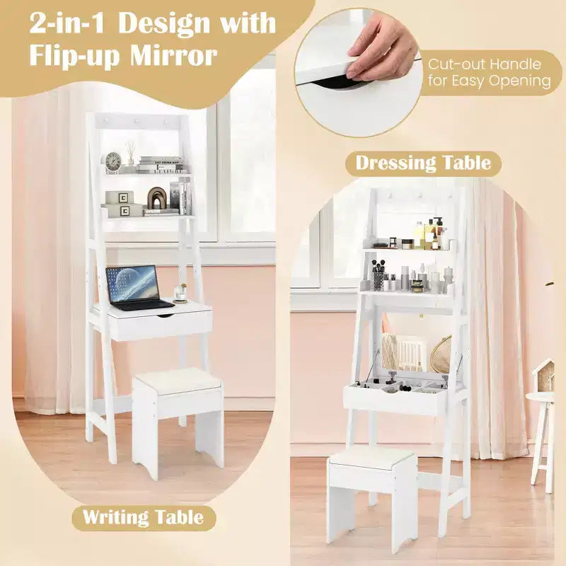 Costway Toeletta con Specchio a Scomparsa e Sgabello con Illuminazione a 3 Colori 6 Scomparti