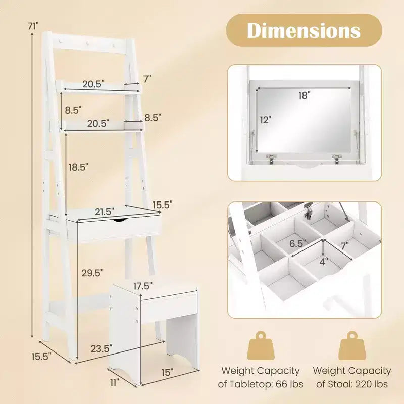 Costway Toeletta con Specchio a Scomparsa e Sgabello con Illuminazione a 3 Colori 6 Scomparti