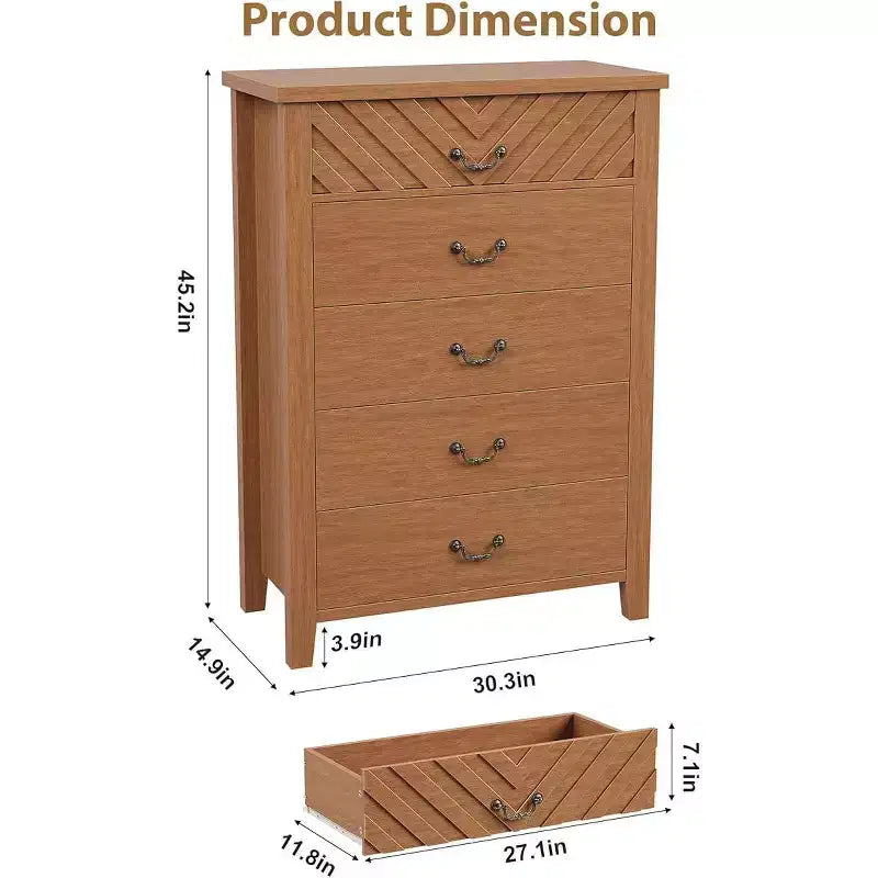 Cassettiera a 5 cassetti per camera da letto, comodino a 5 cassetti marrone con elegante design a V, organizer in legno per soggiorno, cameretta dei bambini